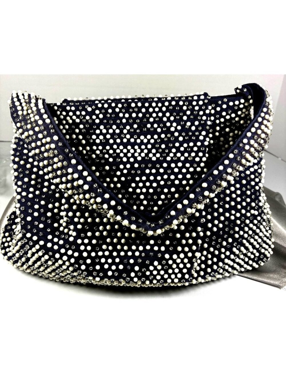 Vintage 1950s Lumured Caviar Beadette Purse Navy White Clear Beaded USA